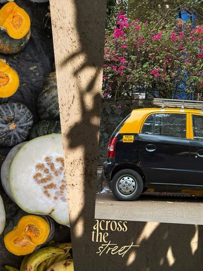 A shadow-play collage featuring a kaali-peeli taxi parked under a bougainvillea tree and a flatlay of market vegetables.
