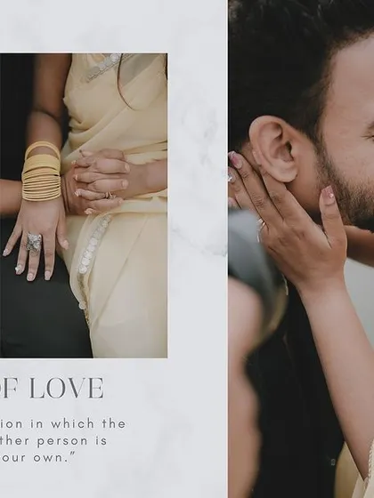 A collage that focuses on the intimate and tender moments of the shoot. The design, with its soft textures and romantic quotes, beautifully complements the emotional close-ups.