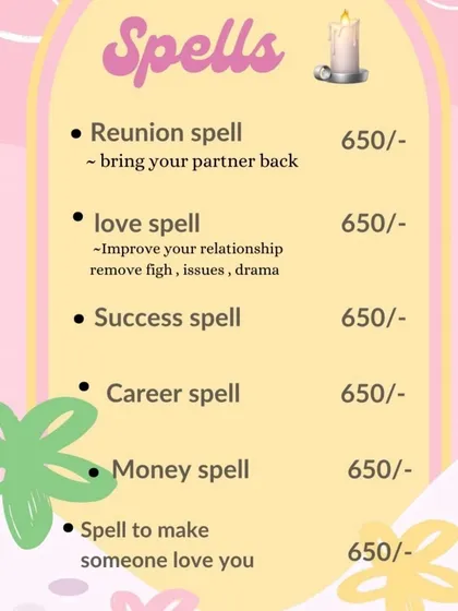 A clear menu of some of my most effective spells, including reunion, love, success, and money spells, all for 650 Rs. I can help you bring your partner back or improve your financial situation.