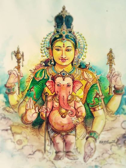 A divine watercolor painting of Goddess Parvati and Lord Ganesha by Chitra Soma. This piece beautifully blends traditional iconography with the fluid grace of watercolor.