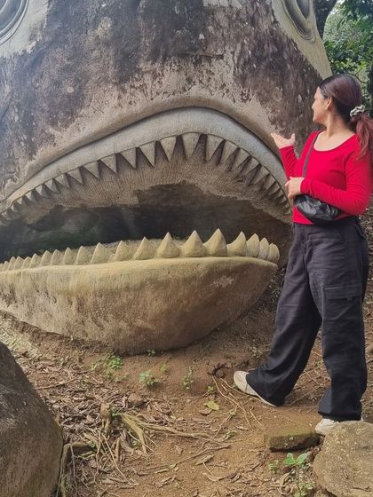 Another fun shot at the unique fish-shaped rock sculpture in Wayanad.