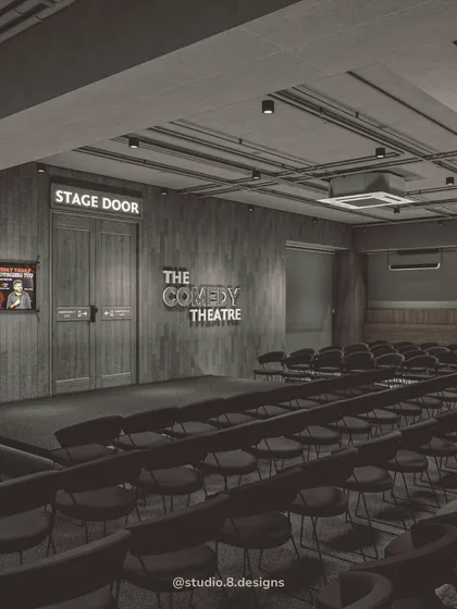 A glimpse into The Comedy Theatre, a unique venue we designed to blend the intimacy of a comedy club with the relaxed vibe of a café. The moody, raw interiors are balanced with warm lighting to ensure the focus is always on the performance.