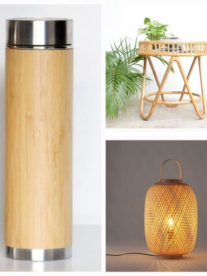 This image highlights three of our signature sustainable products. It features a sleek bamboo and stainless steel thermos, a rattan plant stand, and a woven bamboo lantern, representing our commitment to eco-friendly design in everyday items.