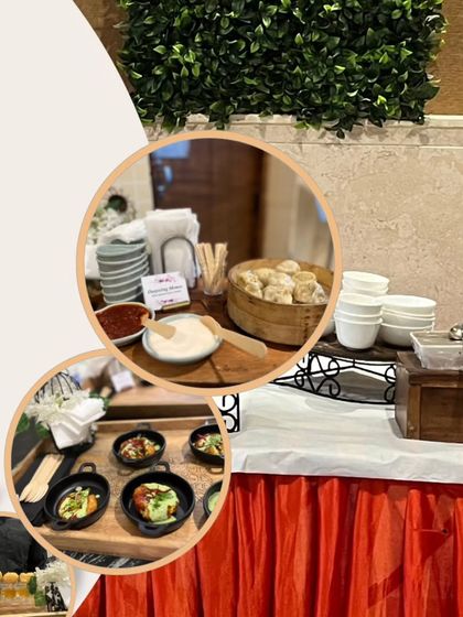 A collage showing different elements of a 'Chaat Fiesta' setup. It includes a glimpse of the momo station, appetizer platters, and the overall buffet table.