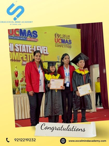 A proud moment from the 19th Delhi State-Level UCMAS Competition. Here, our young graduates celebrate their achievements on stage with their certificates and mentors.