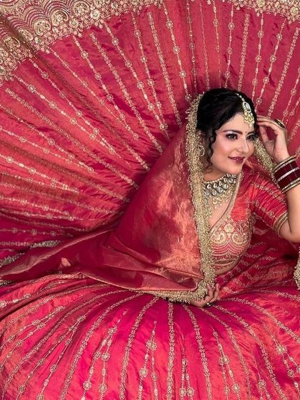 A series of images featuring a bride in a vibrant pink and gold lehenga. The different angles, from close-ups to a full flare shot, provide a comprehensive view.