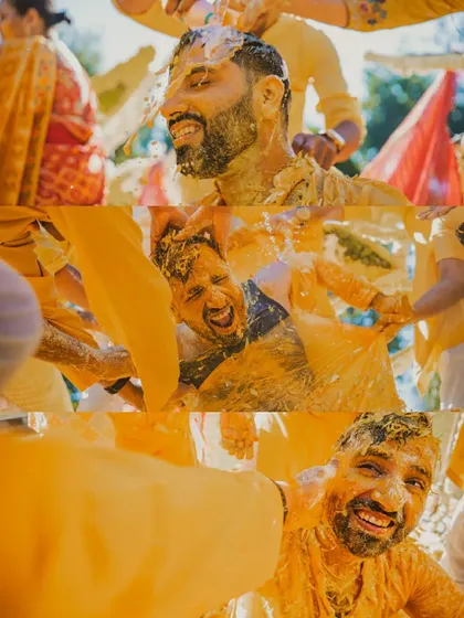 A collage showing the groom's energetic and messy Haldi ceremony with his friends.