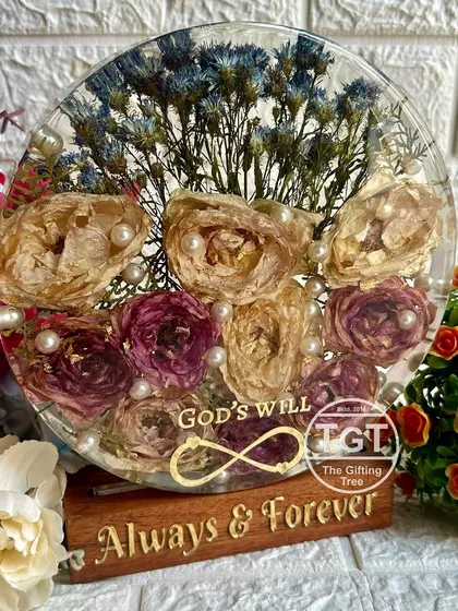 Another view of the tabletop block, showing the "Always & Forever" engraving on the wooden stand.