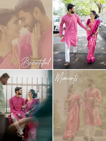 A collage of a couple in matching pink outfits, capturing their candid walk and intimate moments together.