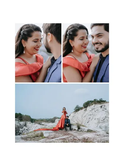 A collage that combines a wide, scenic shot with close-ups of the couple's happy expressions. This shows the variety you get in a gallery, from epic landscapes to intimate portraits.