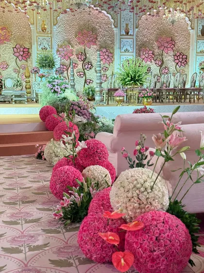 Walking into a floral fairytale. This shot captures the lush blossoms lining the aisle and the cascading jasmine from the ceiling, creating a scene of pure romance. 🌸💫
