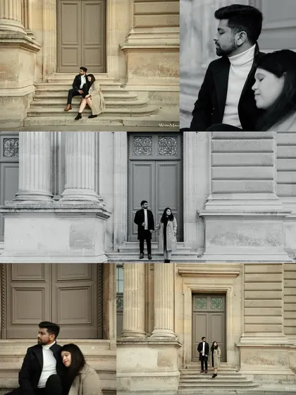 A collection of portraits against the classic architecture of Paris. This collage showcases different poses and moods, highlighting the timeless elegance of a pre-wedding shoot in the city.