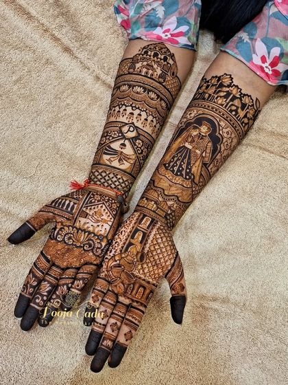 A personalized design for an NRI bride from the US, featuring a portrait of the couple and a custom monogram with their initials.