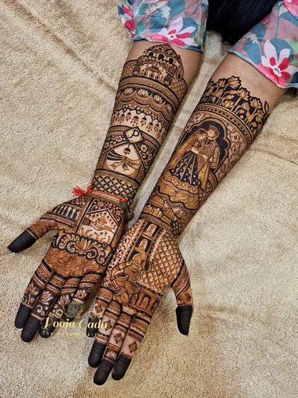 A personalized design for an NRI bride from the US, featuring a portrait of the couple and a custom monogram with their initials.