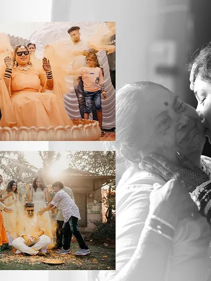 A touching collage that pairs the fun of a Haldi celebration with a deeply emotional embrace between the bride and a family member.