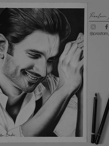 A gallery showing the creation of my tribute to Sushant Singh Rajput. Each image shows a different stage, from the initial sketch to the final emotional portrait.