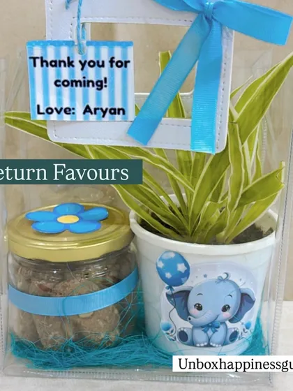 A clear view of the blue-themed return favor, which includes a spider plant and a jar of cookies, presented in a reusable clear bag with a personalized tag.