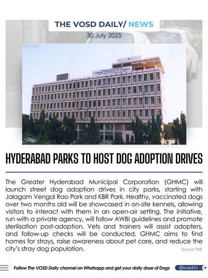 Hyderabad's municipal corporation is launching dog adoption drives in city parks. This initiative will showcase healthy, vaccinated dogs over two months old in an open-air setting to connect them with potential adopters.