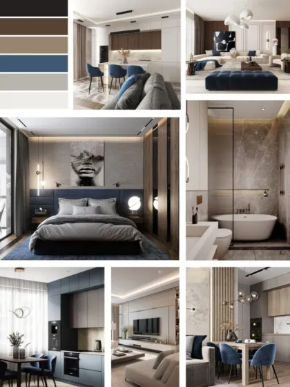 A mood board for a modern home, fusing deep blues with warm woods and luxe neutrals to create a stylish and richly layered environment.