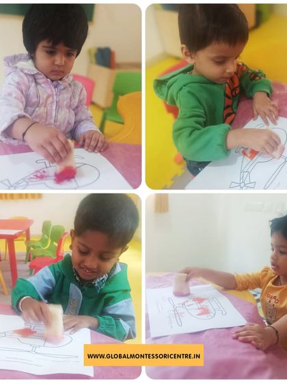 A collage of our playgroup children enjoying sponge painting, a perfect example of how we blend sensory exploration with artistic expression.