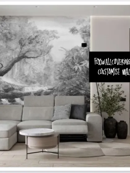 A beautiful black and white landscape mural of a waterfall. This monochromatic design offers a dramatic and artistic take on a natural scene.