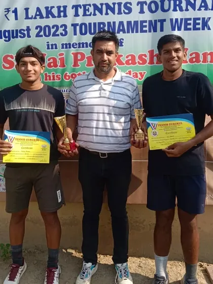Manan Kumar of NTC after winning the AITA CS-7 tournament in straight sets, showcasing his determination and skill.
