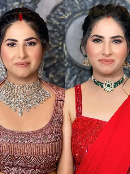 A comparison of two different party looks on the same client. One is a soft, romantic look in pink, and the other is a classic look in a red saree.