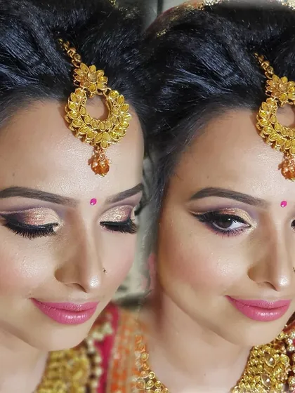 This double cut crease eye makeup is perfect for a bride or for anyone wanting a high-glam traditional look. The sharp lines define the eye shape beautifully, while the soft dewy foundation keeps the skin looking fresh and natural.
