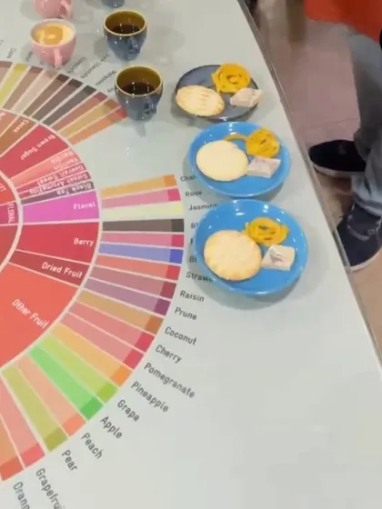 The setup for our flavor pairing session, with different coffees and a selection of sweets like jalebi and cookies, all arranged on our flavor wheel table.