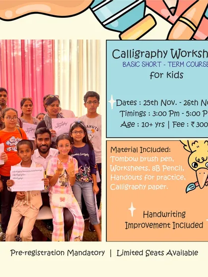 This poster for my kids' calligraphy workshop highlights one of the many specialized courses I offer. These sessions are designed to be beginner friendly and include all the necessary materials, focusing on both artistic skill and handwriting improvement.