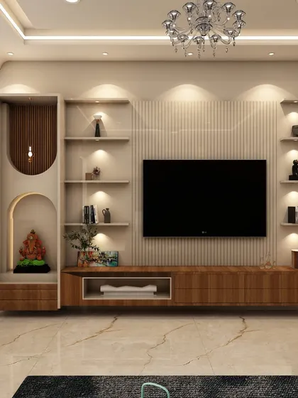 This view showcases the integrated TV and pooja unit, demonstrating how we blend spiritual spaces seamlessly into modern living room layouts with dedicated, beautifully lit niches.