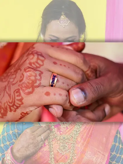 A close up shot of the ring exchange during an engagement ceremony. I focus on capturing these small but significant details, like the intricate henna on the bride's hand and the newly placed ring.