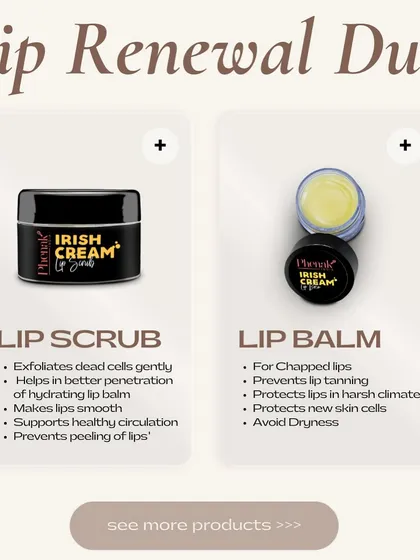 For complete lip renewal, I recommend my two-step duo. First, use the Irish Cream Lip Scrub to gently exfoliate dead cells, then follow with the Irish Cream Lip Balm to hydrate and protect your newly smooth lips.