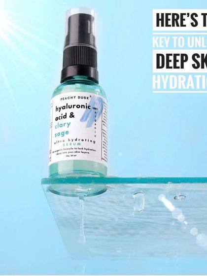 Here's the key to unlocking deep skin hydration. My Hyaluronic Acid & Clary Sage ultra-hydrating serum quenches thirsty skin, leaving it plump and moisturized.
