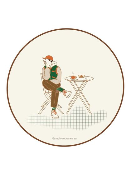 This illustration depicts a quiet moment of enjoying coffee alone at a small cafe table. It's part of a series designed to celebrate the personal and social rituals that revolve around coffee.