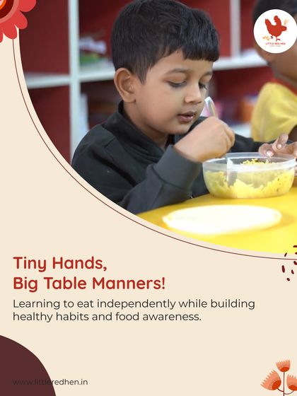 Tiny hands, big table manners. We teach children to eat independently while building healthy habits and food awareness. This focused moment shows a child mastering the use of a spoon.
