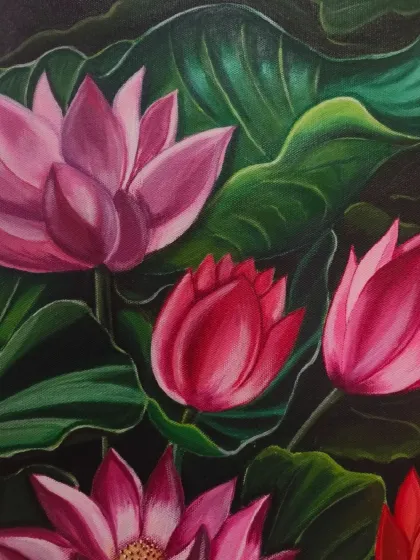 This section of the finished lotus painting showcases the interplay between light and shadow on the leaves and buds. Learning to create this contrast is a key part of our curriculum.