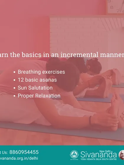 The basics are taught in an incremental manner. Our curriculum includes breathing exercises, 12 basic asanas, Sun Salutation, and proper relaxation to build a complete practice.