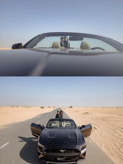 A collage showing off the fun of a road trip for a pre-wedding shoot, with creative angles and a sense of freedom.