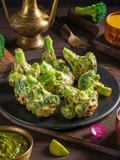 Malai Broccoli, a creamy and delicious starter. The shot for The Mughal House highlights the charred florets and rich marinade.