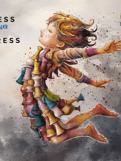 Chess reduces stress. This image of a child joyfully leaping, made of chess pieces, illustrates the mental release and focus that can come from being absorbed in a game.