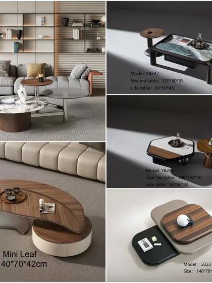 A collage showcasing some of our premium and luxury coffee table designs, from leaf-shaped tables to nested sets.