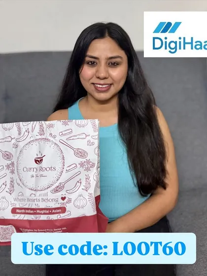 Promoting the DigiHaat food delivery app. I'm holding a food package from Curry Roots and sharing a discount code for my followers to get great deals on their favorite meals.