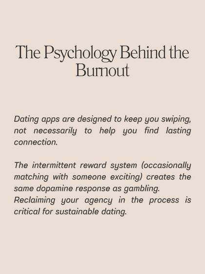 **Feeling dating app burnout? Here are three ways to refresh your approach.** Dating apps are designed to keep you swiping, creating a dopamine response similar to gambling. To reclaim your agency, implement the 2-2-2 rule to move from texting to meeting, switch to values-based filtering, and create a rejection resilience practice.