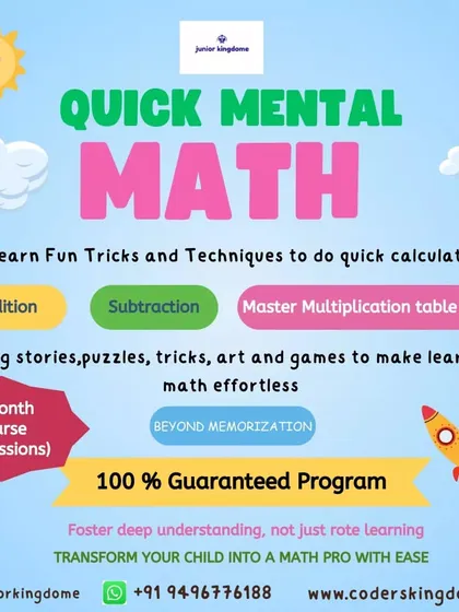 This graphic details our Quick Mental Math course. It's a 100 percent guaranteed program that uses stories, puzzles, and games to teach addition, subtraction, and multiplication tables up to 100.