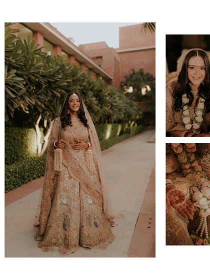 A collage featuring a full-length shot of a bride in her stunning lehenga, along with close ups of her smiling face and floral kaleeras.
