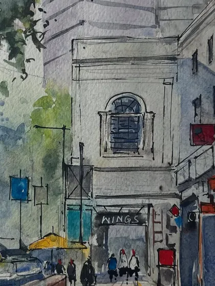 A closer view of the final sketch of the year, capturing a corner of Delhi with ink and watercolor.