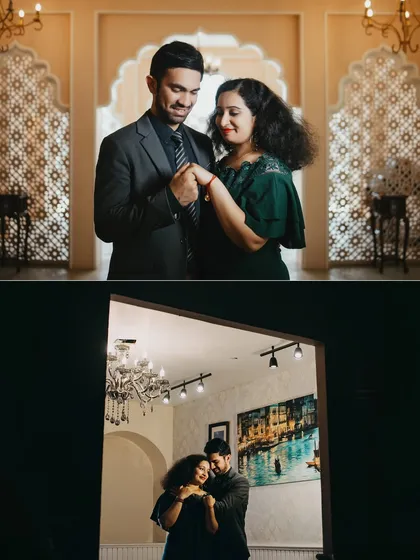 A collage of indoor portraits set in an elegant, heritage-style room. The images capture the couple's sophisticated style and the romantic ambiance of the setting.