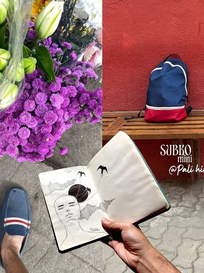 A collage from my visit to Subko Mini, featuring my sketchbook, flowers, and a pop of red from a backpack.