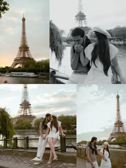 A collage capturing the essence of a Parisian romance. It combines wide shots of the Eiffel Tower with intimate couple portraits, telling a complete story of their day in the city of love.